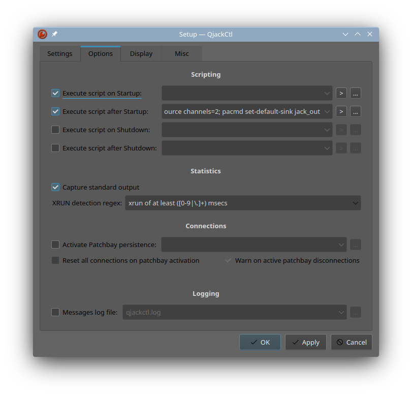 qjackctl post startup options